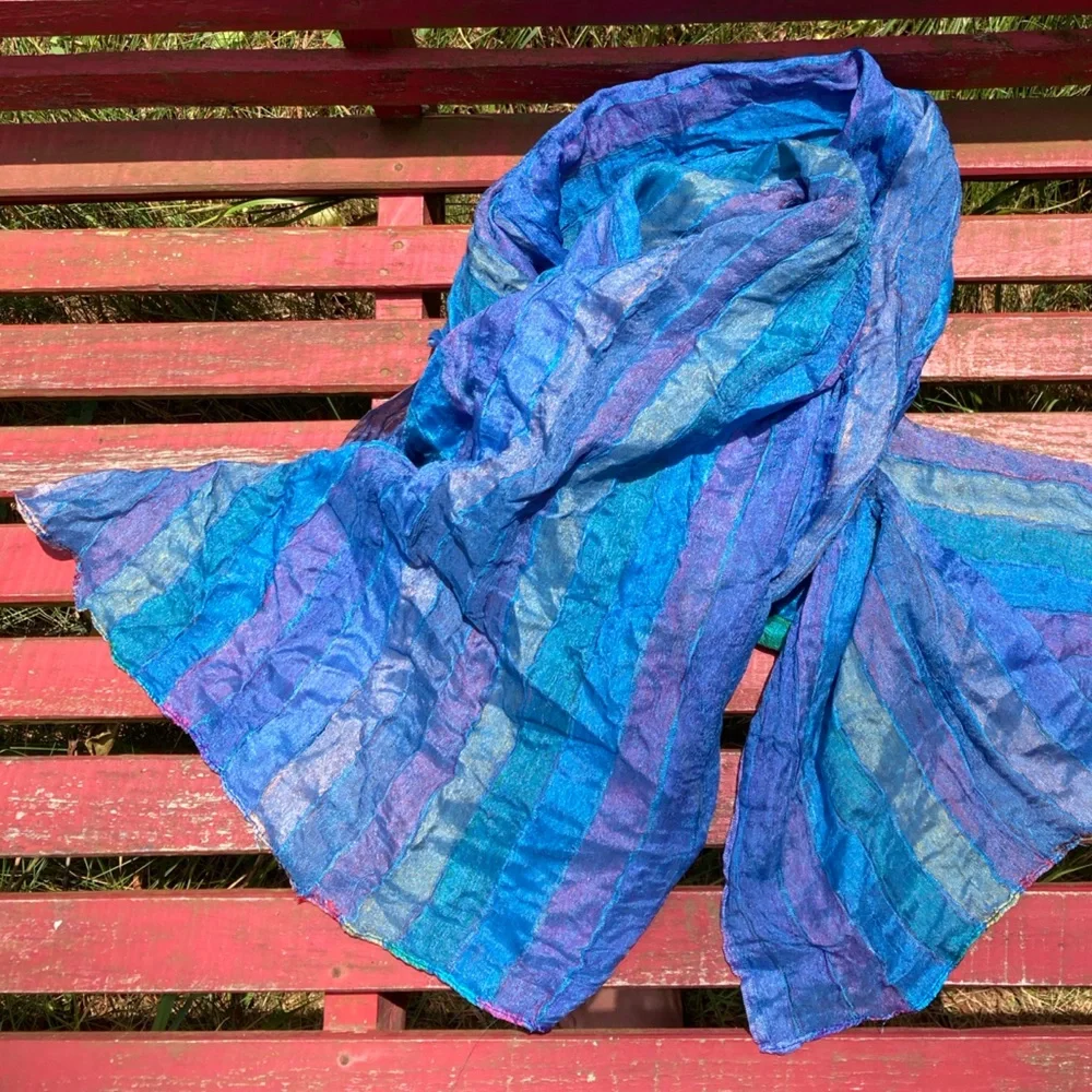 ARTISAN Scarf Reversesible Crinkle Silk Colorful Blue Purple Green Pink Yellow
